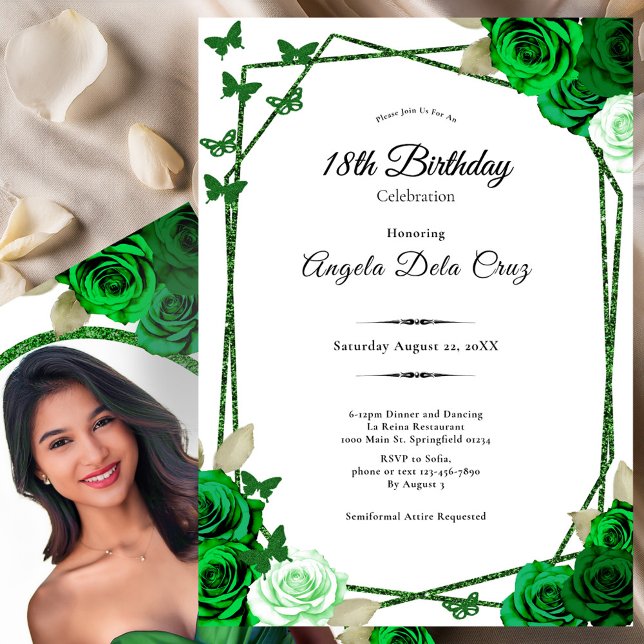 Convite Elegant Emerald Green Rose 18th Birthday Debut  (Criador carregado)