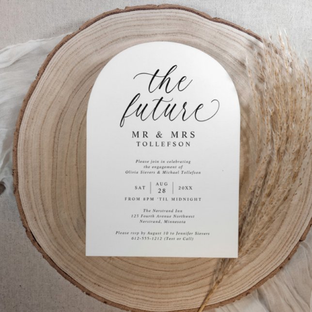 Convite Elegant Engagement Party Black and White (Elegant arch-shaped engagement party invitation with modern minimalist script and stylish)