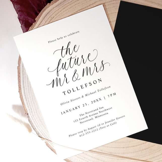 Convite Elegant Engagement Party The Future Mr & Mrs (Elegant black and white engagement invitation with modern calligraphy reading “the future mr & mrs.”)
