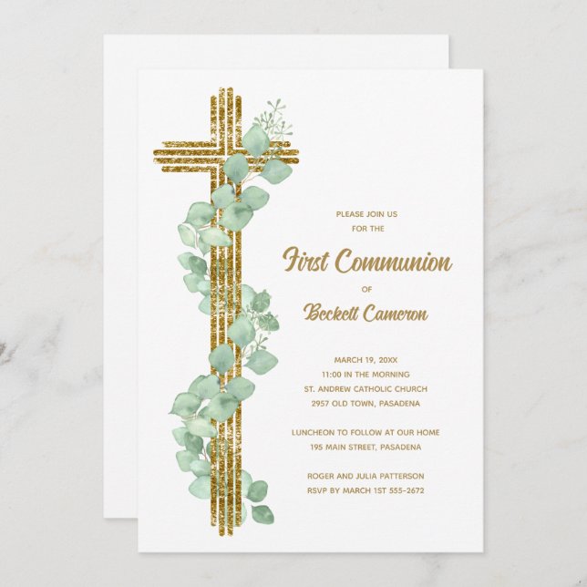 Convite Elegant Eucalyptus and Cross First Communion (Frente/Verso)