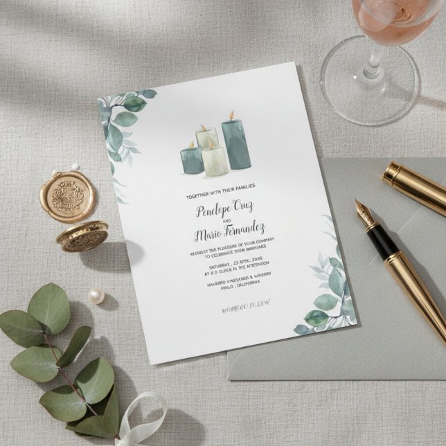 Convite Elegant Eucalyptus & Candle Watercolor Wedding  (Criador carregado)