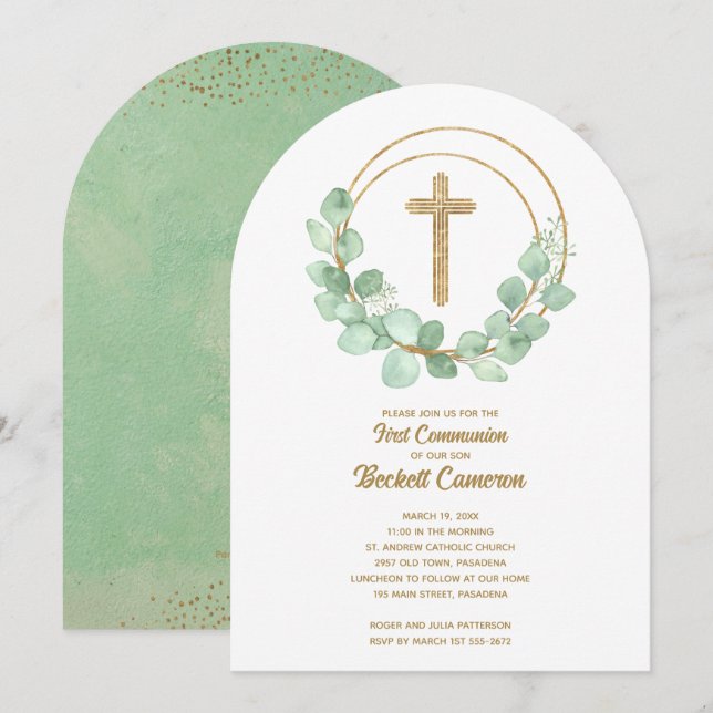 Convite Elegant Eucalyptus First Communion (Frente/Verso)