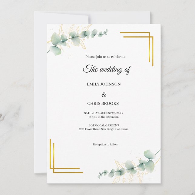 Convite Elegant Eucalyptus Gold Wedding  (Frente)