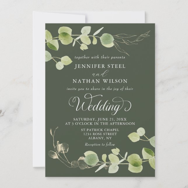 Convite Elegant Eucalyptus Greenery Double-Sided Wedding (Frente)