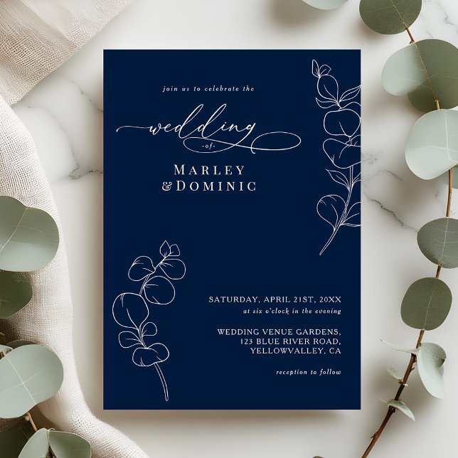 Convite Elegant Eucalyptus Greenery Navy Blue Wedding (Criador carregado)