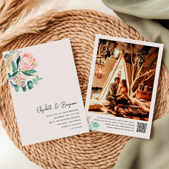 Convite Elegant Eucalyptus Pampas Grass Protea Photo (Criador carregado)