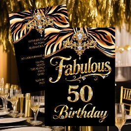 Convite Elegant Fabulous 50 Birthday Black Gold Zebra Bow