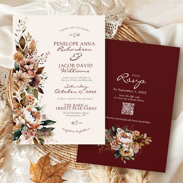 Convite Elegant Fall Floral Burgundy Boho Autumn Wedding (Elegant watercolor Fall floral burgundy ivory terracotta rustic Autumn QR code wedding invitation)
