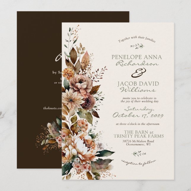Convite Elegant Fall Floral Dark Brown Boho Autumn Wedding (Frente/Verso)