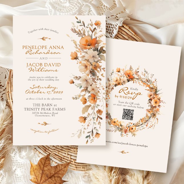 Convite Elegant Fall Floral Ivory Rustic Autumn Wedding (Elegant ivory terracotta orange fall floral watercolor flower QR code boho Autumn wedding invitation)