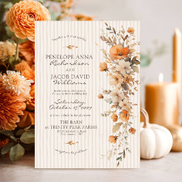 Convite Elegant Fall Floral Ivory Striped Autumn Wedding