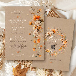 Convite Elegant Fall Floral Rustic Kraft Autumn QR Wedding