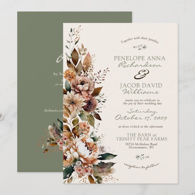 Convite Elegant Fall Floral Sage Green Boho Autumn Wedding (Frente/Verso)
