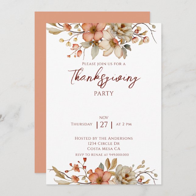 Convite Elegant Fall Floral Thanksgiving Party  (Frente/Verso)