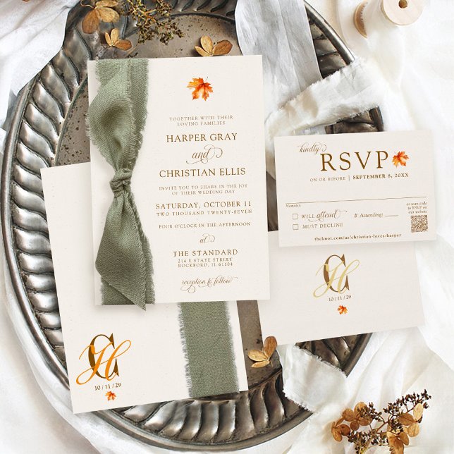 Convite Elegant Fall Leaves Autumn Rustic Ribbon Wedding (Elegant beige rust orange brown watercolor fall maple leaf simple modern Autumn wedding invitation)
