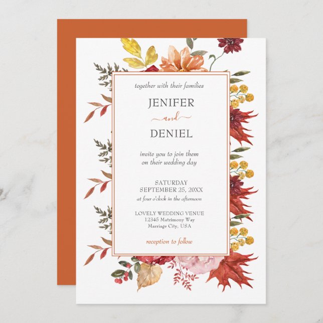 Convite Elegant Fall Leaves Autumn Wedding  (Frente/Verso)