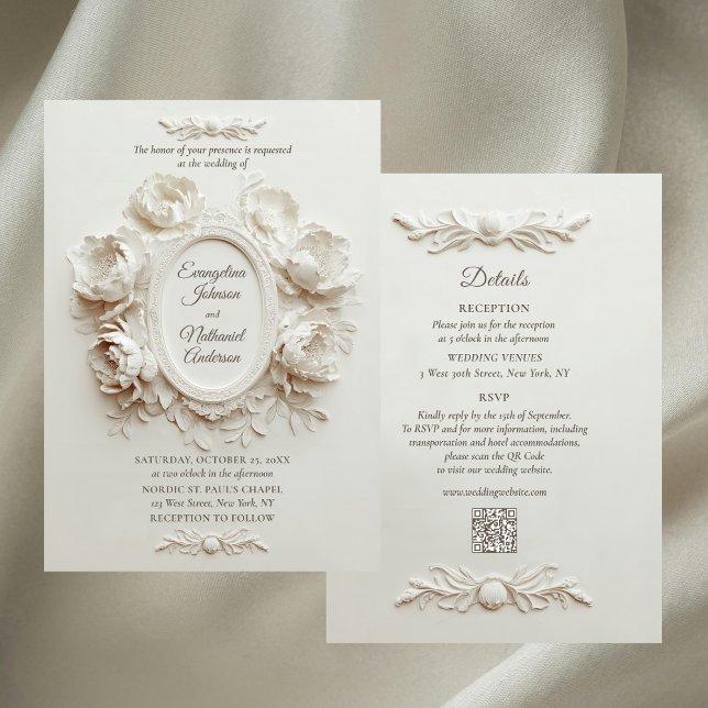Convite Elegant Faux Embossed Peonies Formal Wedding  (Criador carregado)