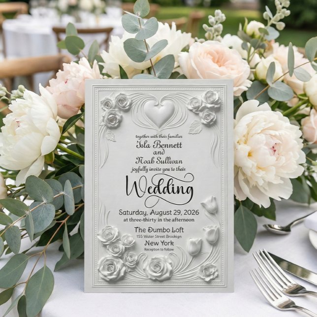 Convite Elegant Faux Embossed White Floral Heart Wedding (Criador carregado)