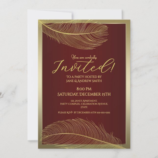 Convite Elegant Feather Invitation Card Luxury Celebration (Frente)