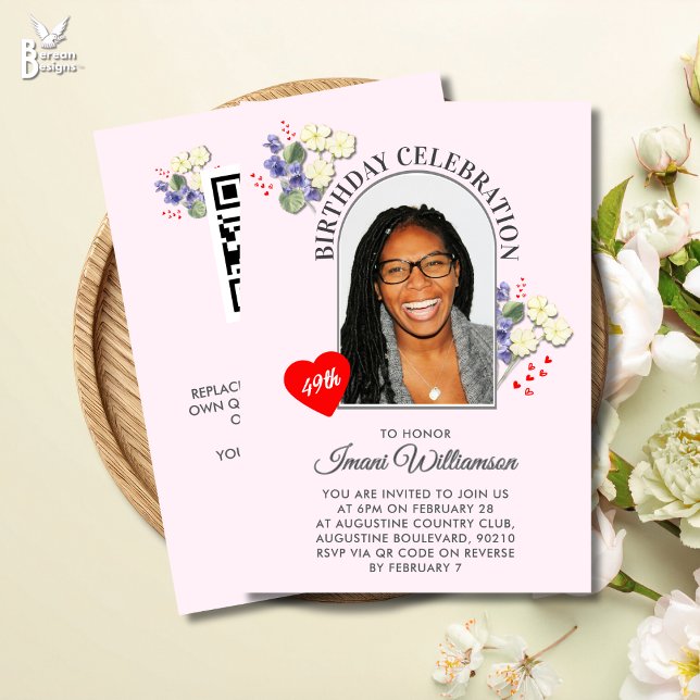 Convite Elegant FEBRUARY Floral ANY AGE Photo Birthday (FEBRUARY BIRTHDAY Birth Month Flower ANY AGE Invitation with florals, QR and photo.)