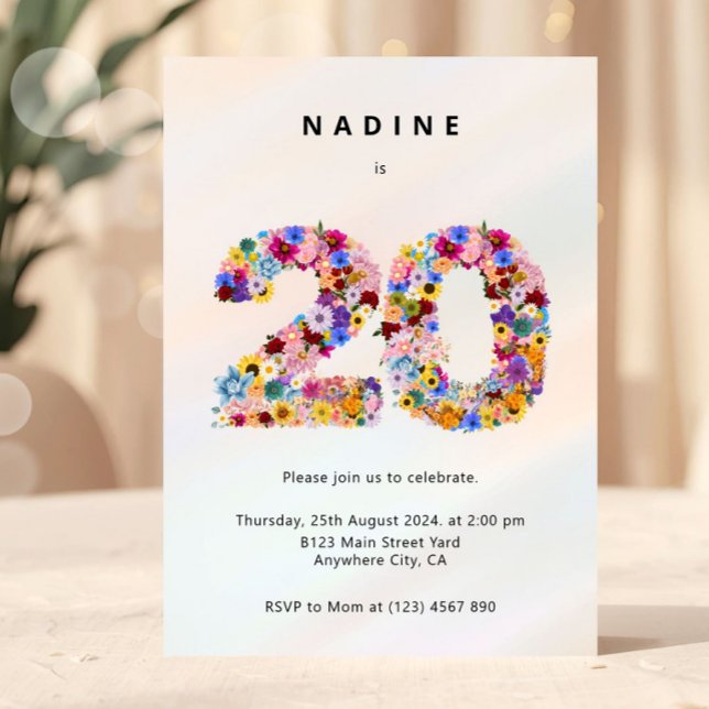 Convite Elegant Feminine Chic Floral 20th Birthday (floral birthday invitation, 20th birthday invite, flower number invitation, feminine birthday invite)