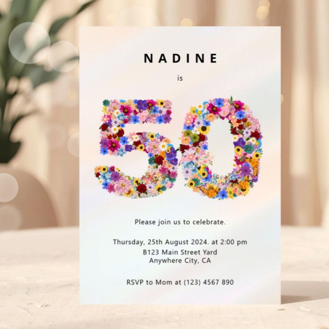 Convite Elegant Feminine Chic Floral 50th Birthday (50th birthday invitation, floral 50 invite, fifty birthday party invite, elegant birthday invite, fl)