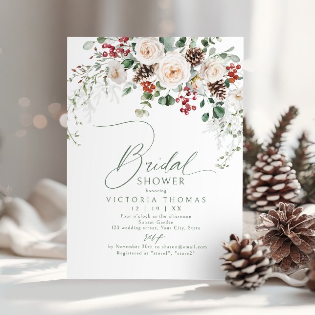 Convite Elegant Festive Floral Holiday bridal shower (Elegant Festive Floral Holiday bridal shower Invitation)