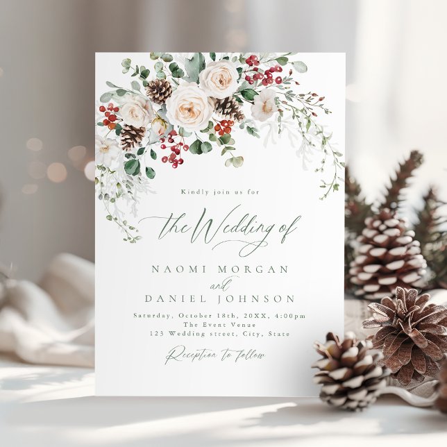 Convite Elegant Festive Floral Holiday Winter Wedding (Elegant Festive Floral Holiday Winter Wedding Invitation)