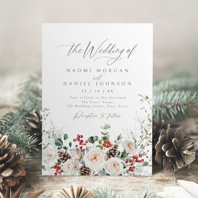 Convite Elegant Festive Floral Holiday Winter Wedding (Elegant Festive Floral Holiday Winter Wedding Invitation)