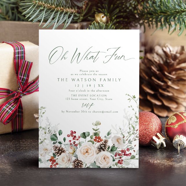 Convite Elegant Festive Floral Oh What Fun Holiday Party (Elegant Festive Floral Oh What Fun Holiday Party Invitation)