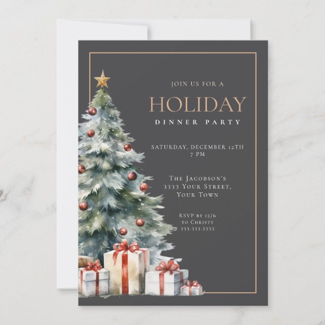Convite Elegant Festive Grey Gold Holiday Dinner Party (Frente)