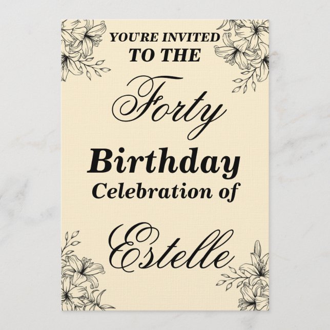 Convite Elegant Floral 40th Birthday Invitation Template (Frente)