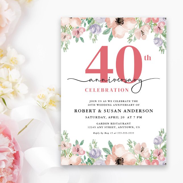 Convite Elegant Floral 40th Wedding Anniversary (Criador carregado)