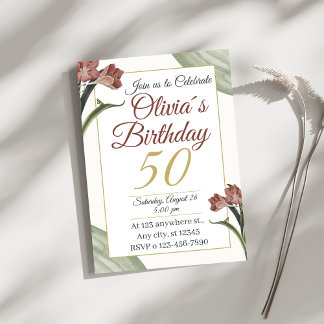 Convite Elegant Floral 50th – Gold and Blush Flower
