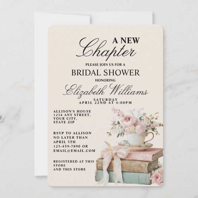 Convite Elegant Floral A New Chapter Bridal Shower  (Frente)