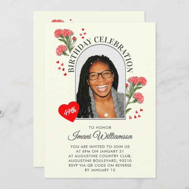 Convite Elegant Floral ANY AGE Photo Birthday  (Frente/Verso)