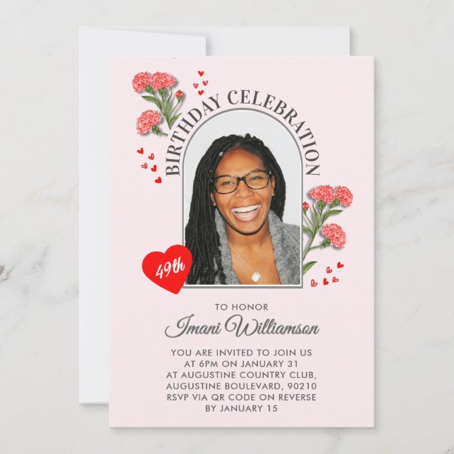 Convite Elegant Floral ANY AGE Photo JANUARY Birthday  (Frente)