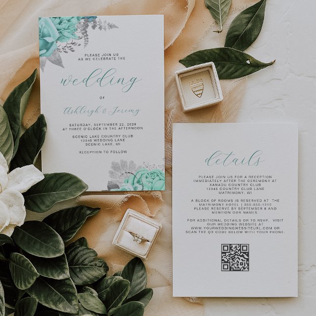 Convite Elegant Floral Aqua Silver QR Code Wedding (Criador carregado)