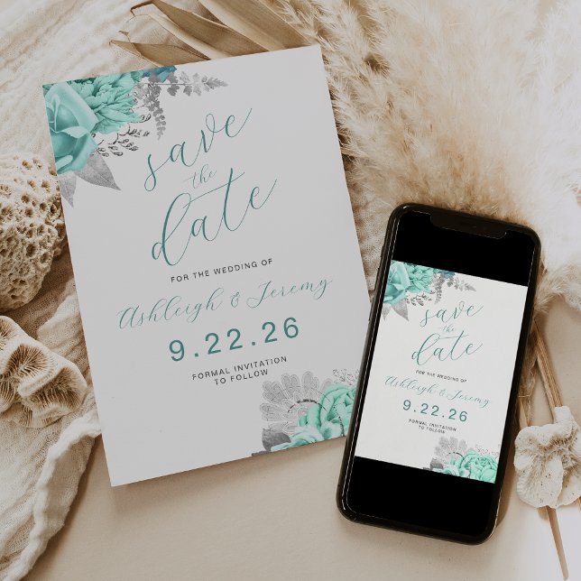 Convite Elegant Floral Aqua Silver Save the Date (Criador carregado)