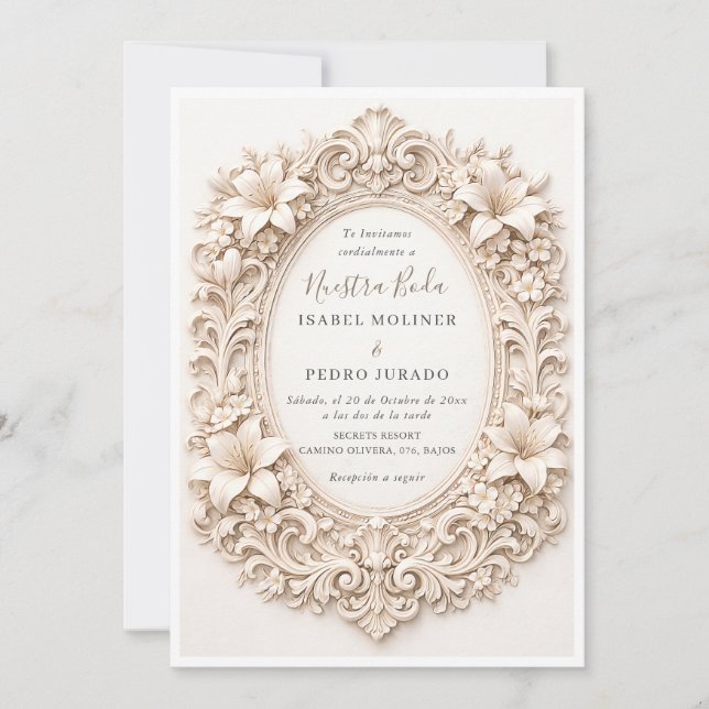 Convite Elegant Floral Baroque Frame Nuestra Boda Wedding (Frente)