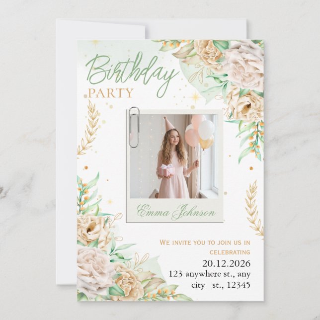 Convite Elegant Floral Birthday (Frente)
