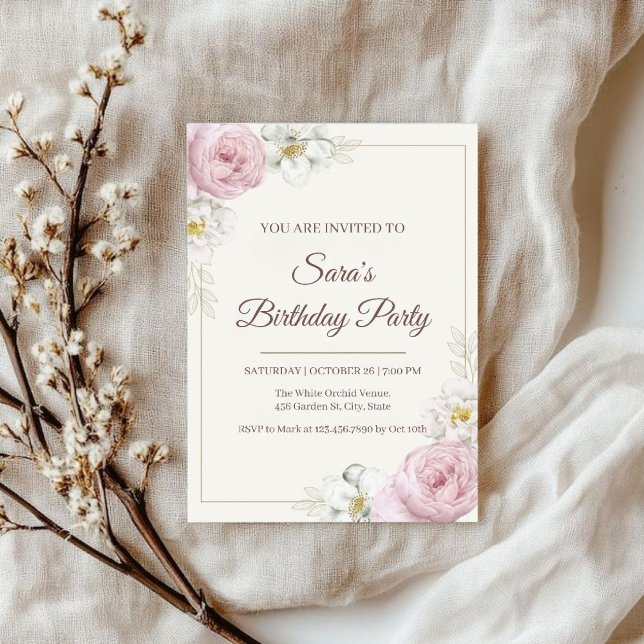 Convite Elegant Floral Birthday Invitation (Criador carregado)