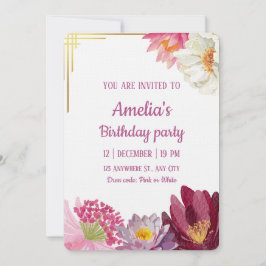Convite Elegant Floral Birthday Invitation with Gold Frame
