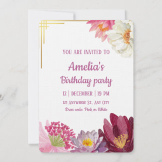 Convite Elegant Floral Birthday Invitation with Gold Frame