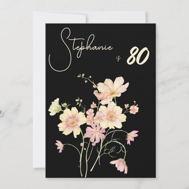 Convite Elegant Floral Black  80th Birthday Rose Gold Foil (Frente)
