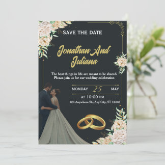 Convite Elegant Floral Black Gold Custom Wedding Invite 