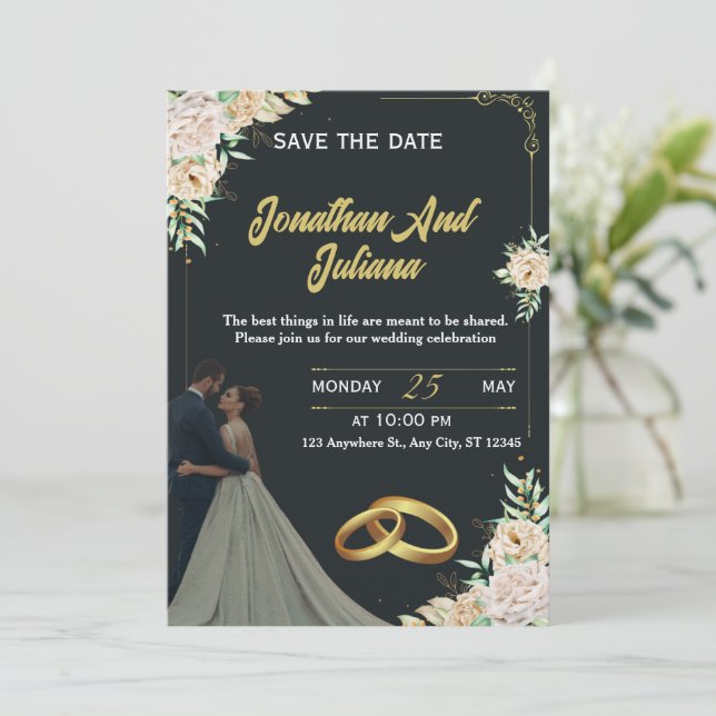 Convite Elegant Floral Black Gold Custom Wedding Invite  (Em pé/Frente)