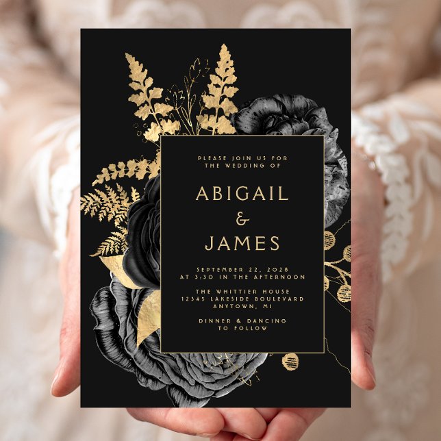 Convite Elegant Floral Black Gold Wedding (Criador carregado)