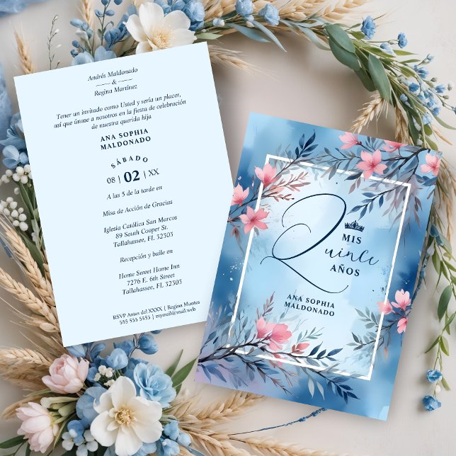 Convite Elegant Floral Blue & Pink Romantic Frame XV's (Elegant Floral Blue & Pink Romantic Frame Mis XV Años Invitations Cards in Spanish.)