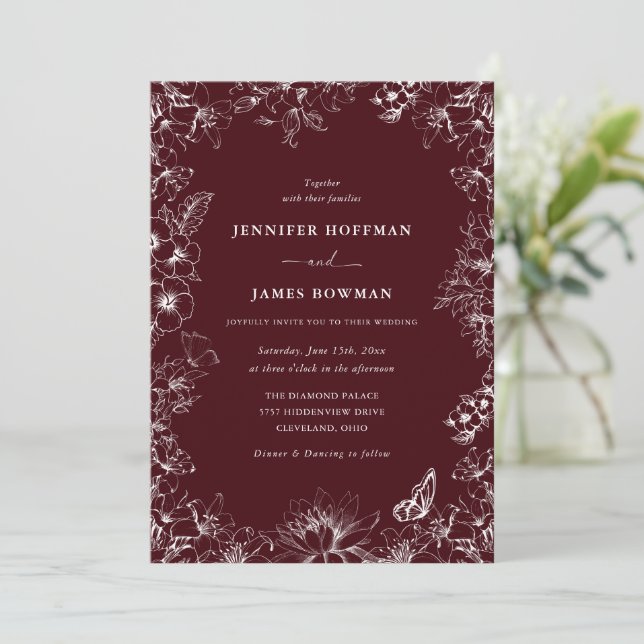 Convite Elegant Floral Burgundy Wedding Invitation (Em pé/Frente)